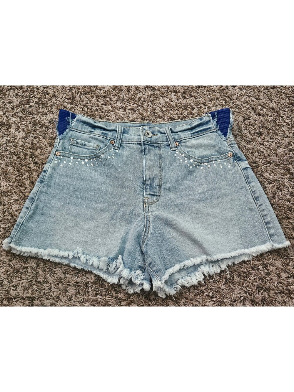 Y2k Rhinestone Light Wash Denim Frayed Shorts Modified Waist